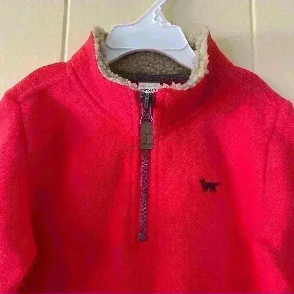 Carters Boys Quarter Zip Fleece Pullover Red Christmas 4T Fox Accent